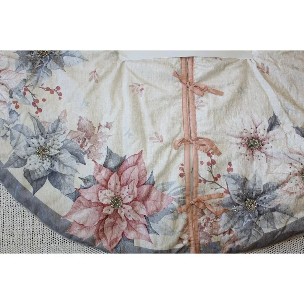 Rachel Zoe Christmas Tree Skirt Poinsettia Floral print Rhinestone 50